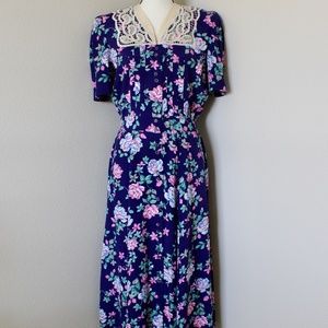 Vintage Floral Maxi Dress - Blue and Pink